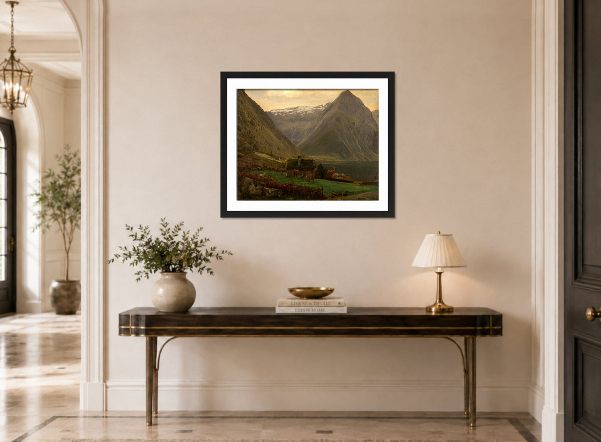 Amaldus Nielsen Print, Fra Æsefjord, Balestrand (1865) displayed above a console table