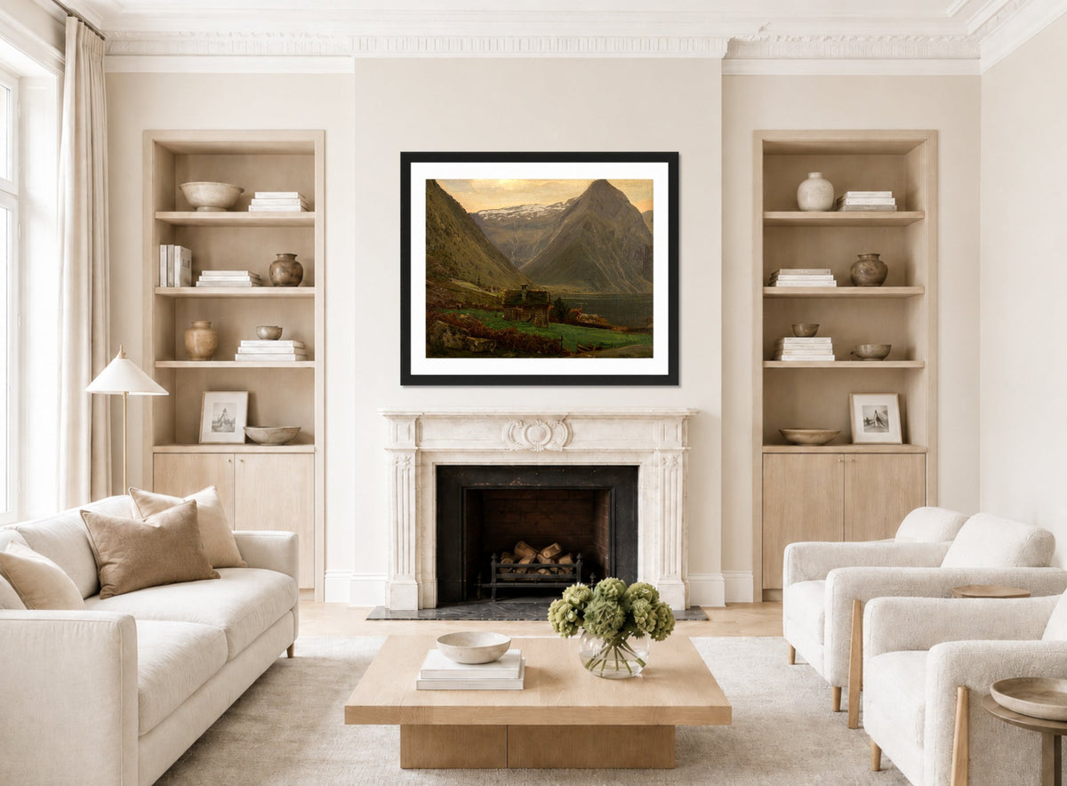 Amaldus Nielsen Print, Fra Æsefjord, Balestrand (1865) displayed in a Scandinavian living room