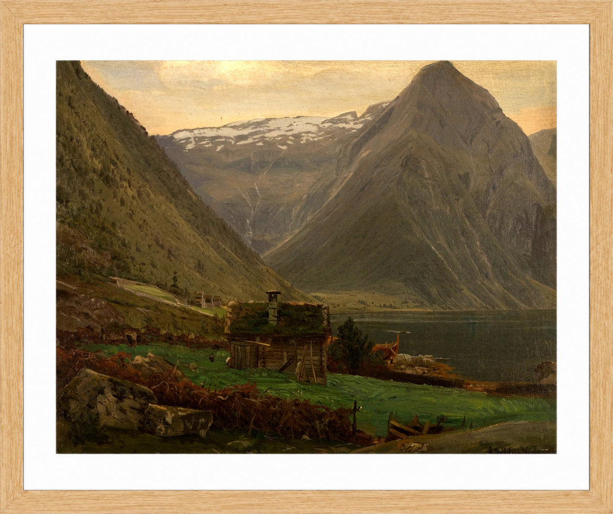Amaldus Nielsen Print, Fra Æsefjord, Balestrand (1865) in a light oak frame