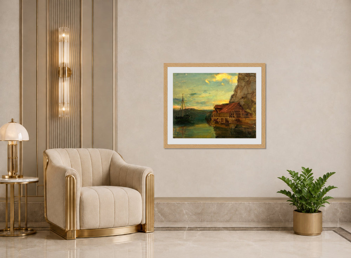 Amaldus Nielsen Print, Fra Solsvik, Bergen (1861) displayed in an Art Deco interior