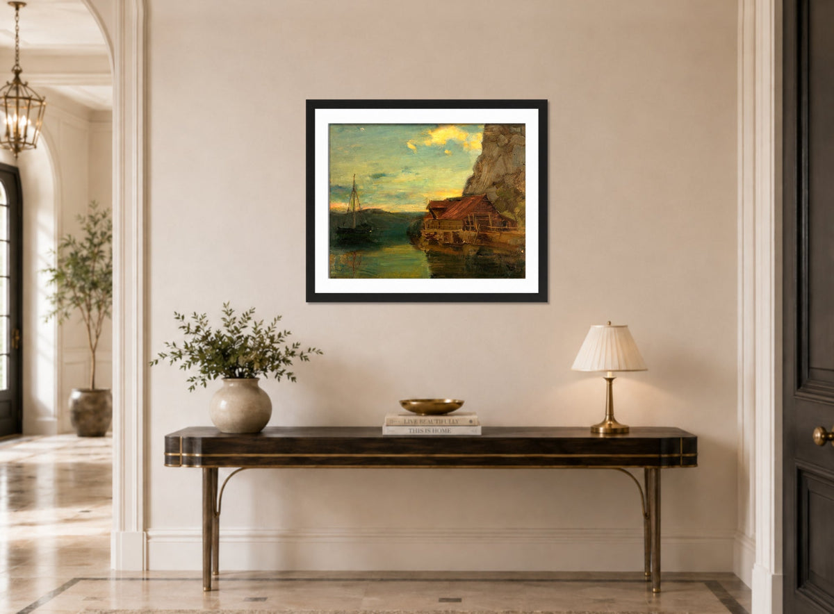 Amaldus Nielsen Print, Fra Solsvik, Bergen (1861) displayed above a console table