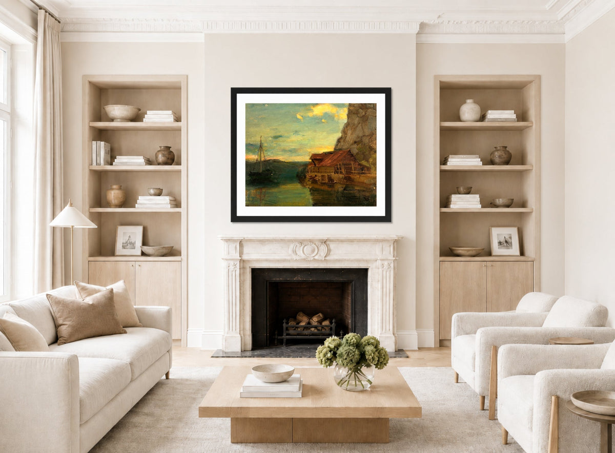Amaldus Nielsen Print, Fra Solsvik, Bergen (1861) displayed in a Scandinavian living room
