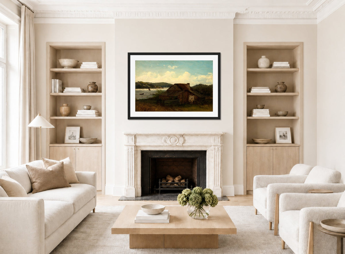 Amaldus Nielsen Print, Fra Sponga, Mandal (1862) displayed in a Scandinavian living room