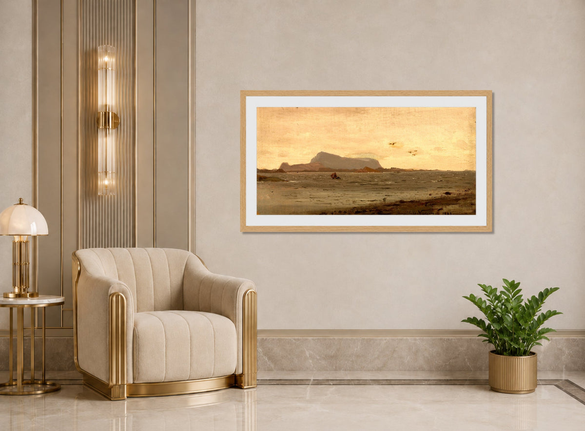 Amaldus Nielsen Print, Fra Stavenes i Søndfjord (1866) displayed in an Art Deco interior