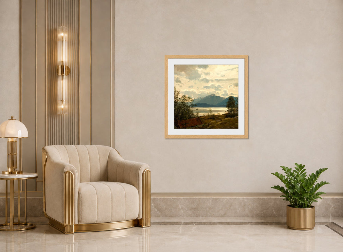 Amaldus Nielsen Print, Fra Terøen, Bergen (1863) displayed in an Art Deco interior