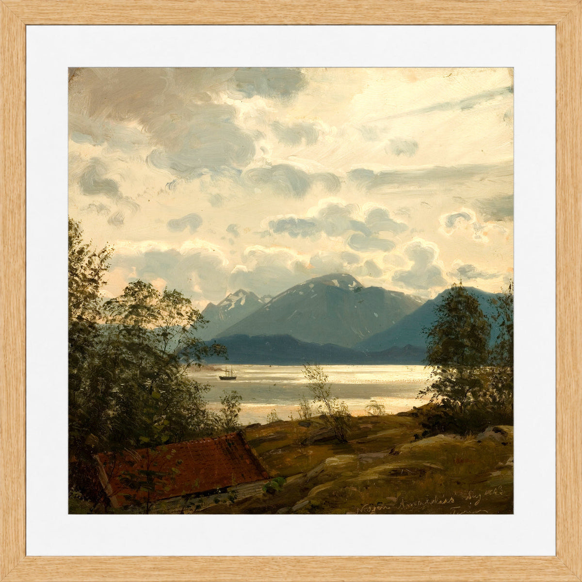 Amaldus Nielsen Print, Fra Terøen, Bergen (1863) in a light oak frame