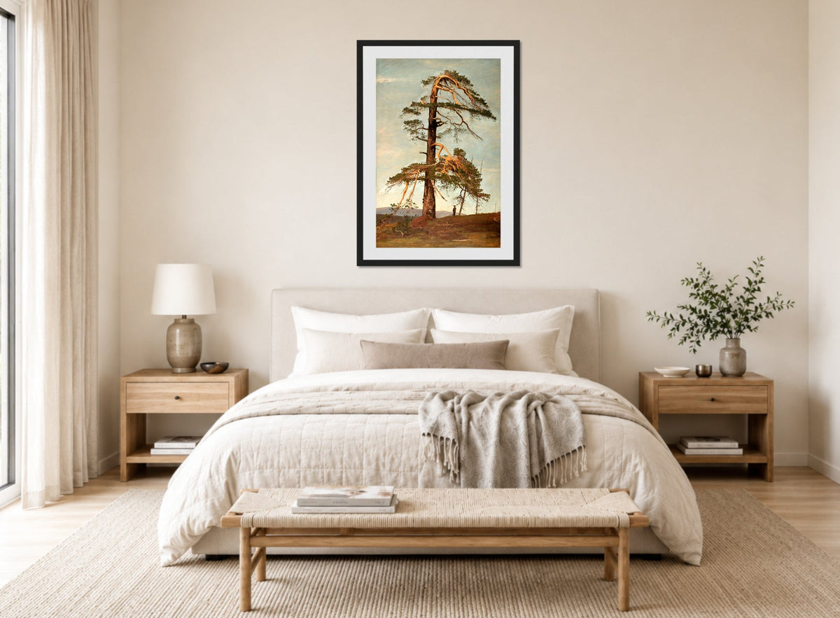 Amaldus Nielsen Print, Furu displayed above a bed