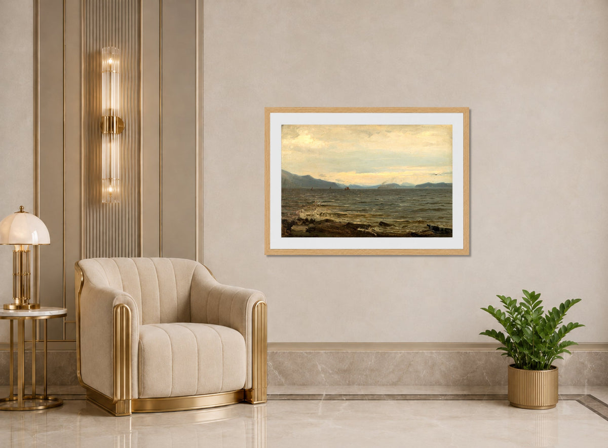 Amaldus Nielsen Print, Gråvær, Bømmelen (1863) displayed in an Art Deco interior