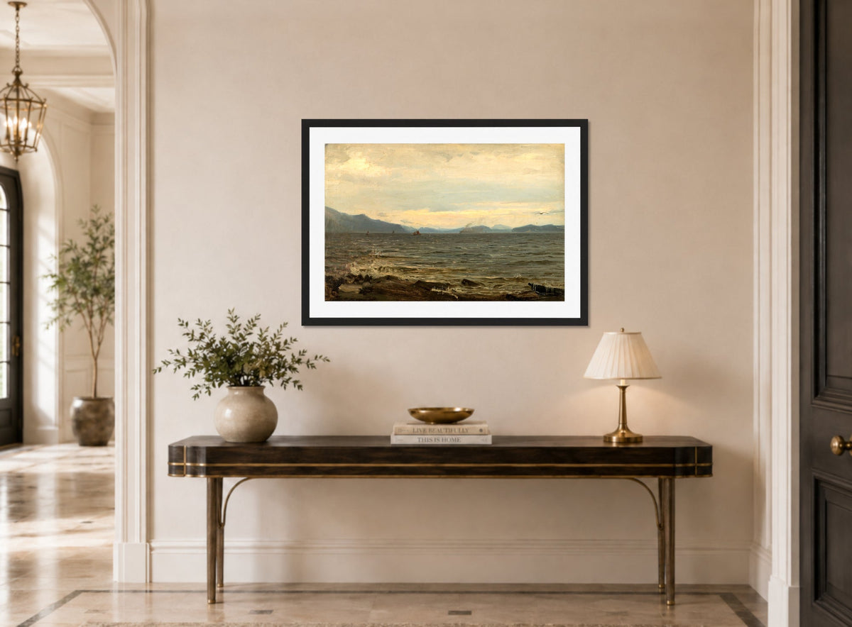 Amaldus Nielsen Print, Gråvær, Bømmelen (1863) displayed above a console table