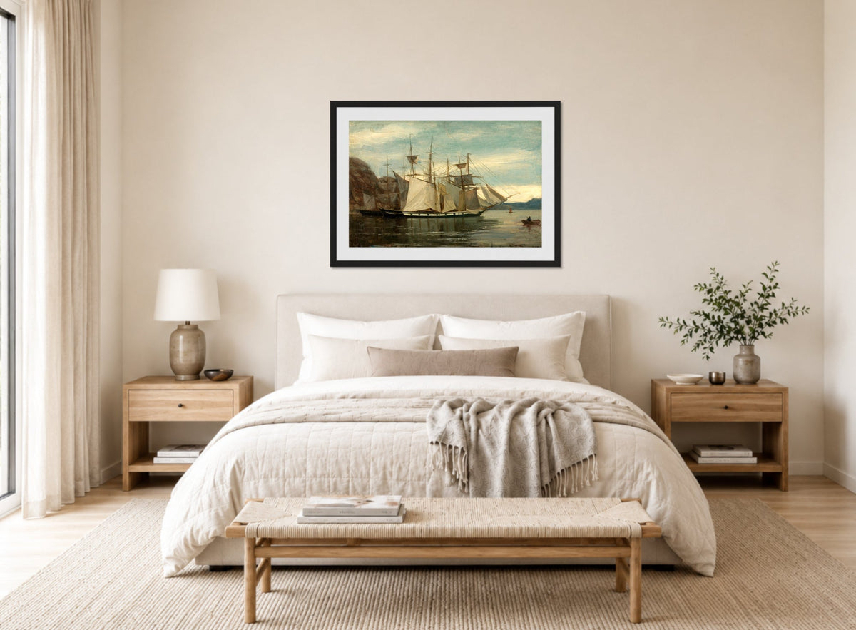 Amaldus Nielsen Print, Kleven, Mandal (1858) displayed above a bed