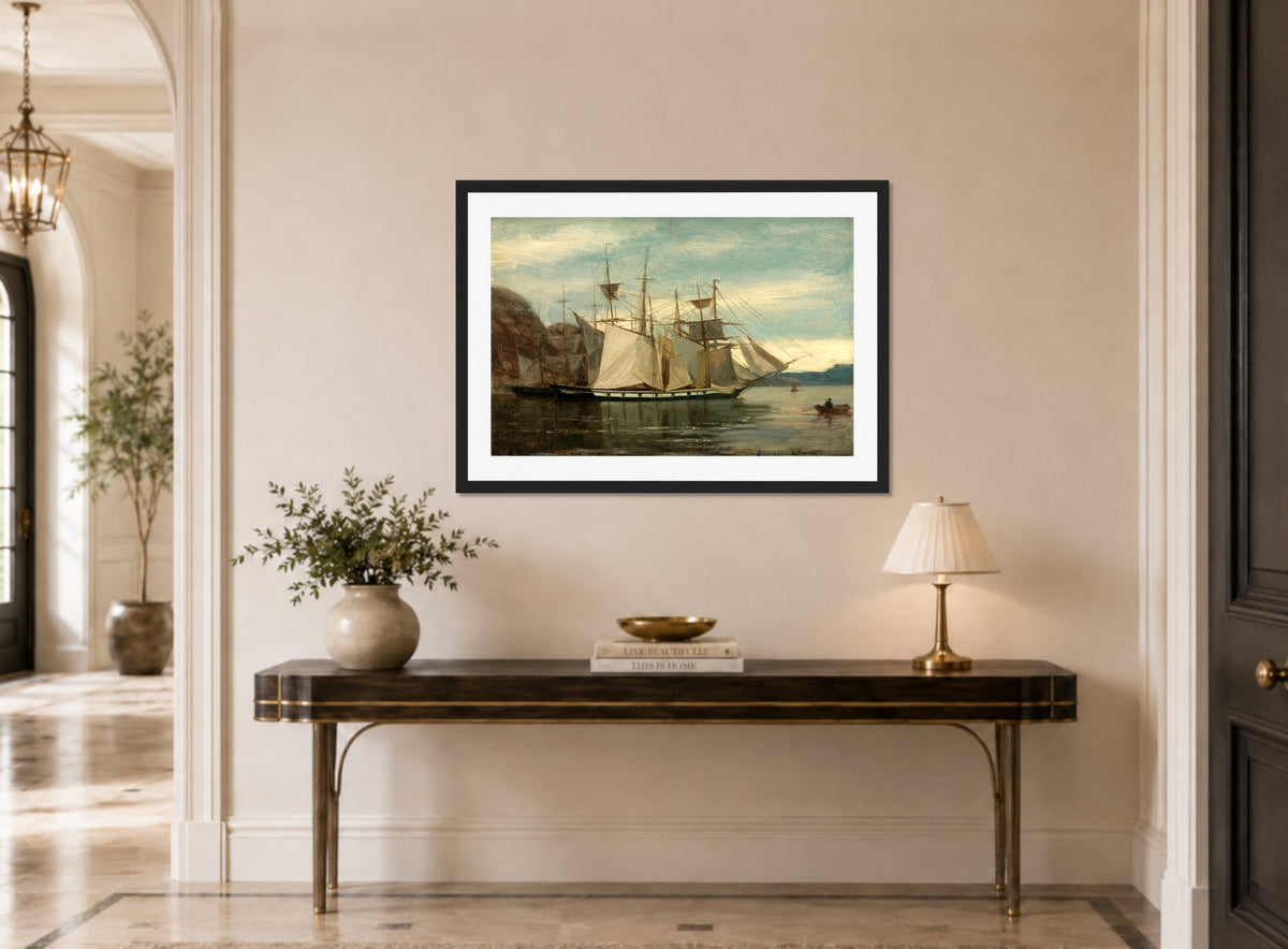 Amaldus Nielsen Print, Kleven, Mandal (1858) displayed above a console table