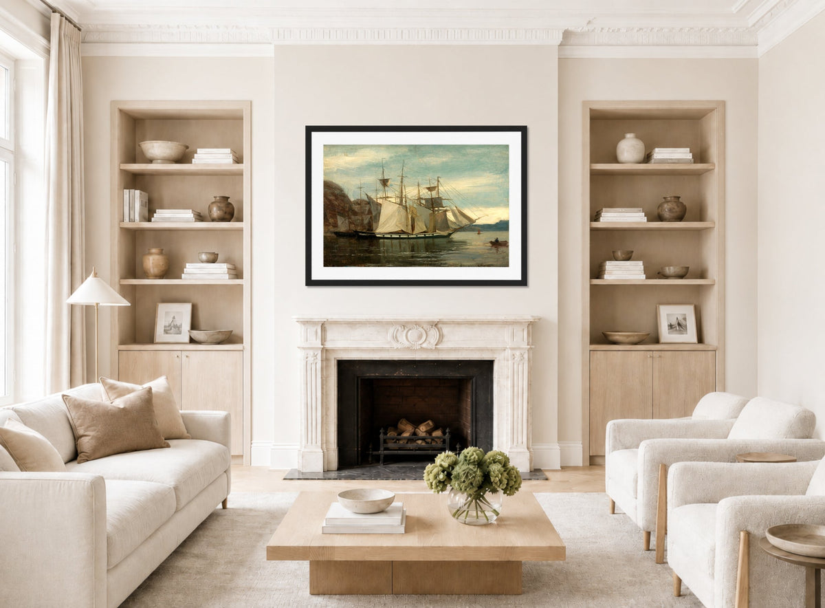 Amaldus Nielsen Print, Kleven, Mandal (1858) displayed in a Scandinavian living room