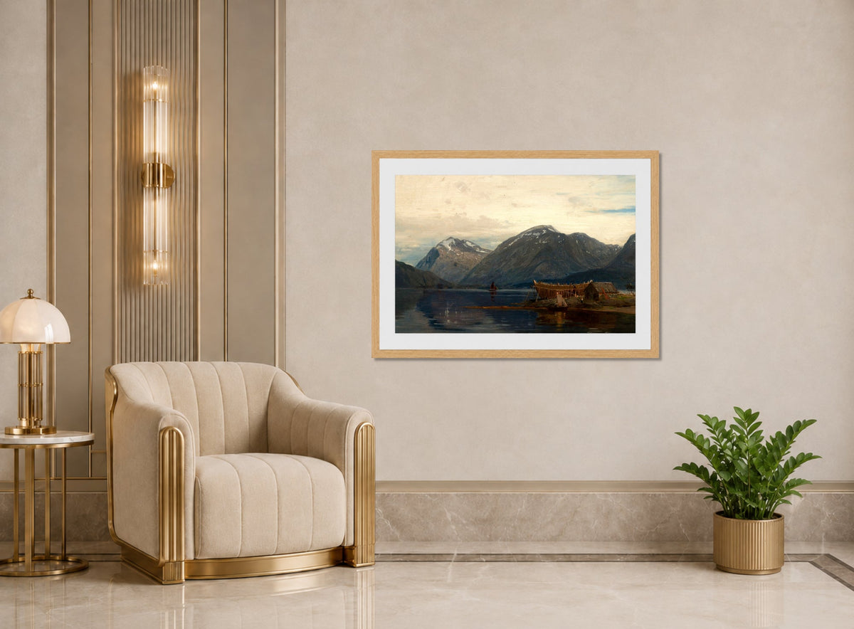 Amaldus Nielsen Print, Ølve, Hardanger (1873) displayed in an Art Deco interior