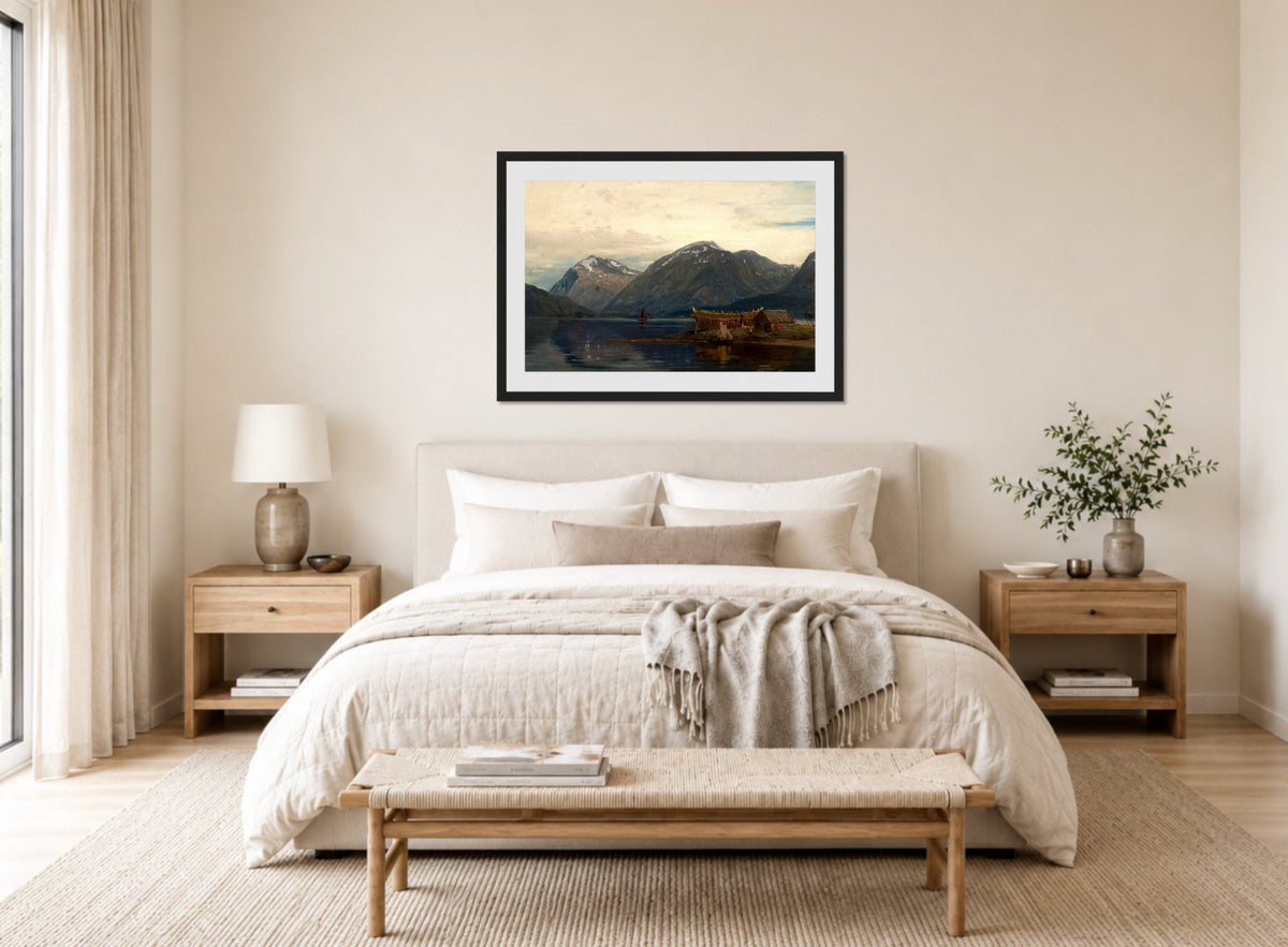 Amaldus Nielsen Print, Ølve, Hardanger (1873) displayed above a bed