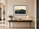 Amaldus Nielsen Print, Ølve, Hardanger (1873) displayed above a console table