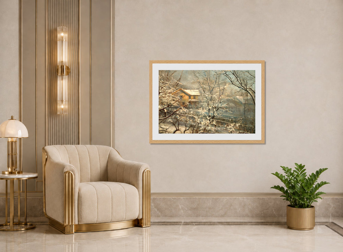 Amaldus Nielsen Print, Morgenstemning ved Majorstuveien 8 (1928) displayed in an Art Deco interior