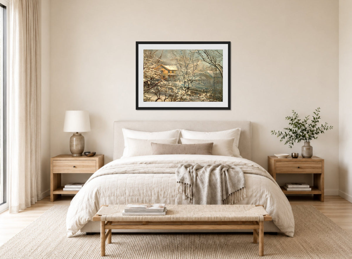 Amaldus Nielsen Print, Morgenstemning ved Majorstuveien 8 (1928) displayed above a bed