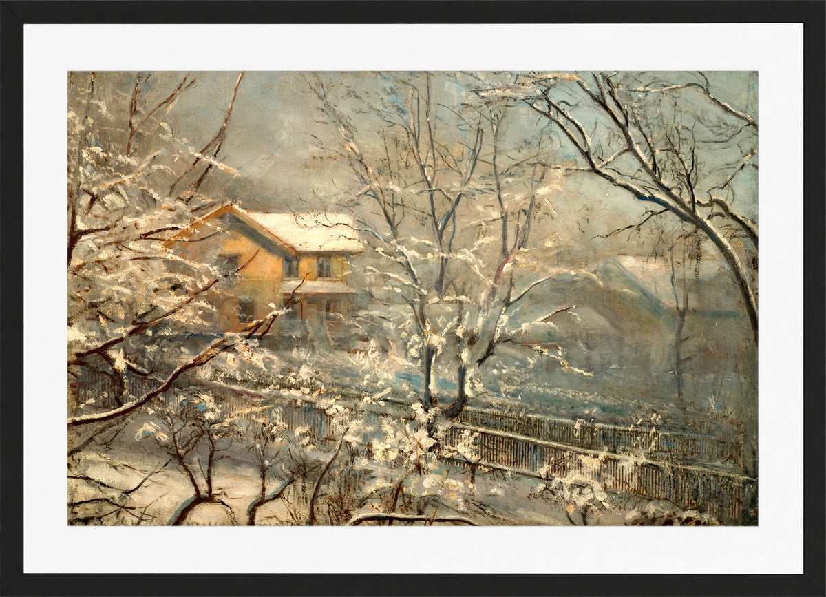 Amaldus Nielsen Print, Morgenstemning ved Majorstuveien 8 (1928) in a black frame