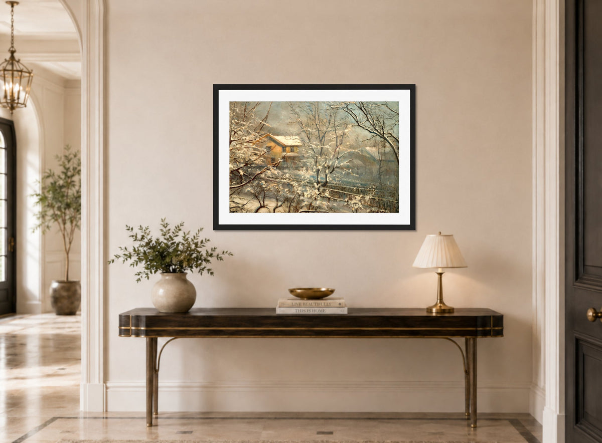 Amaldus Nielsen Print, Morgenstemning ved Majorstuveien 8 (1928) displayed above a console table