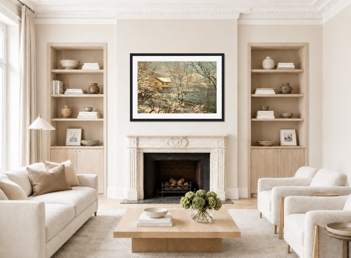 Amaldus Nielsen Print, Morgenstemning ved Majorstuveien 8 (1928) displayed in a Scandinavian living room
