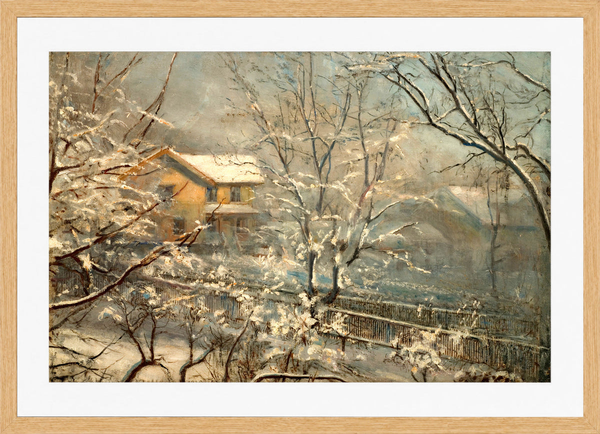 Amaldus Nielsen Print, Morgenstemning ved Majorstuveien 8 (1928) in a light oak frame