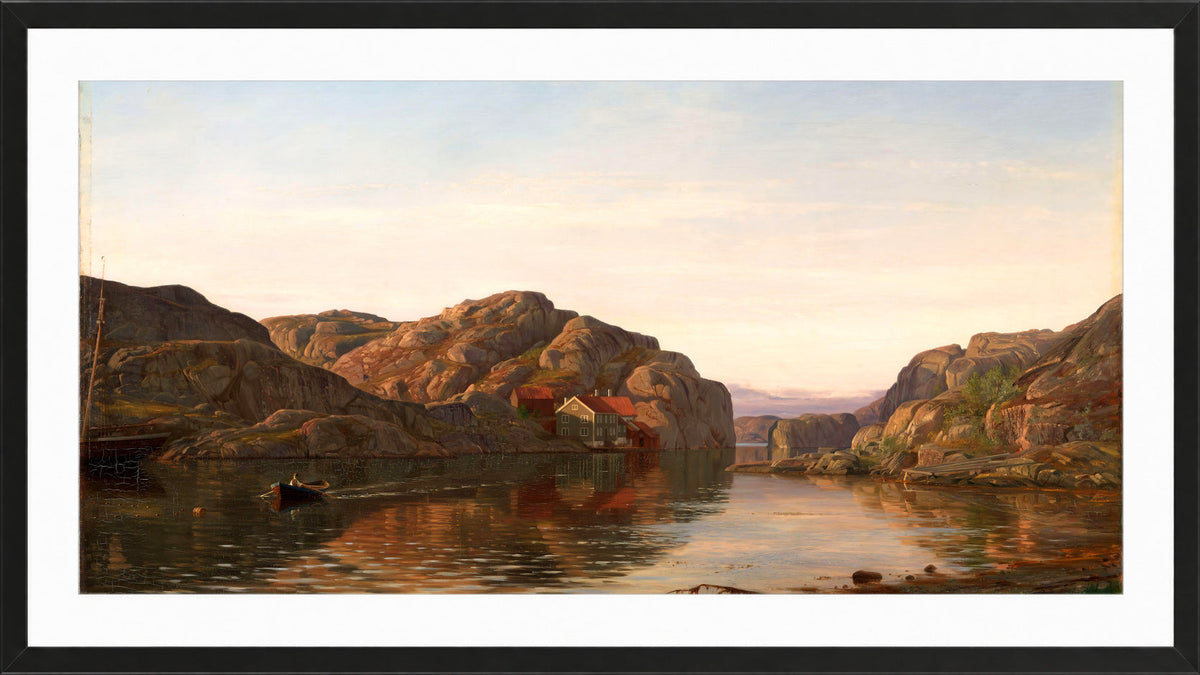 Amaldus Nielsen Print, Morning in Ny-Hellesund (1885) in a black frame