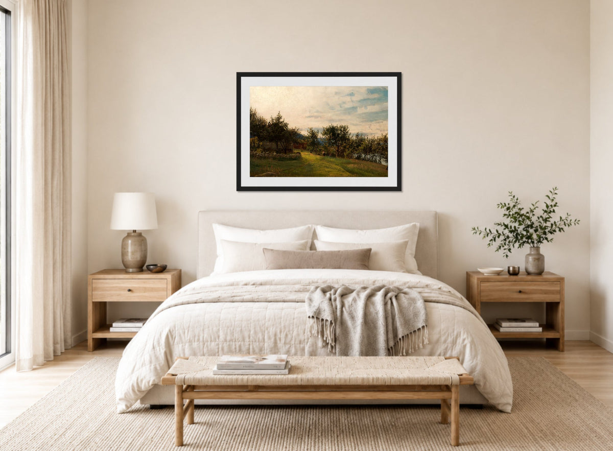 Amaldus Nielsen Print, Nøsthaug, Kvinnherred (1873) displayed above a bed