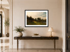 Amaldus Nielsen Print, Nøsthaug, Kvinnherred (1873) displayed above a console table