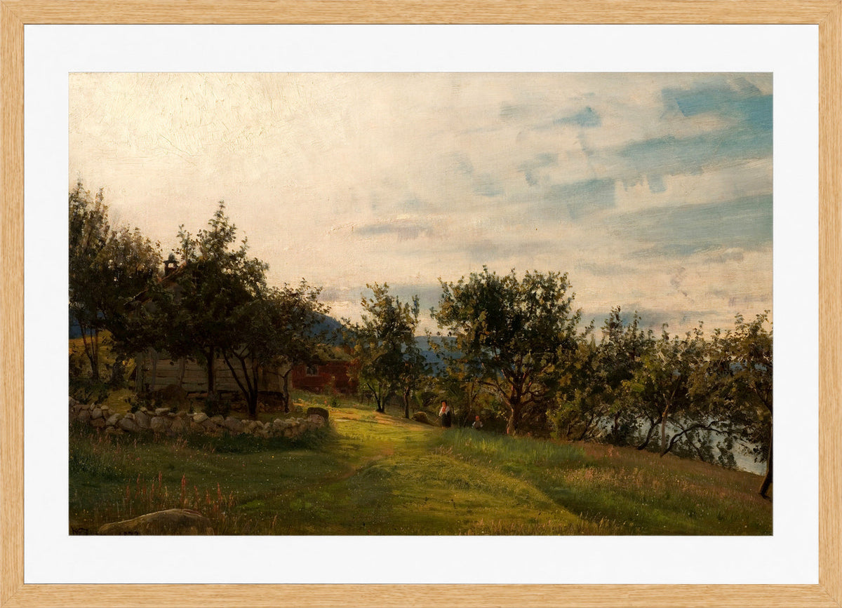 Amaldus Nielsen Print, Nøsthaug, Kvinnherred (1873) in a light oak frame