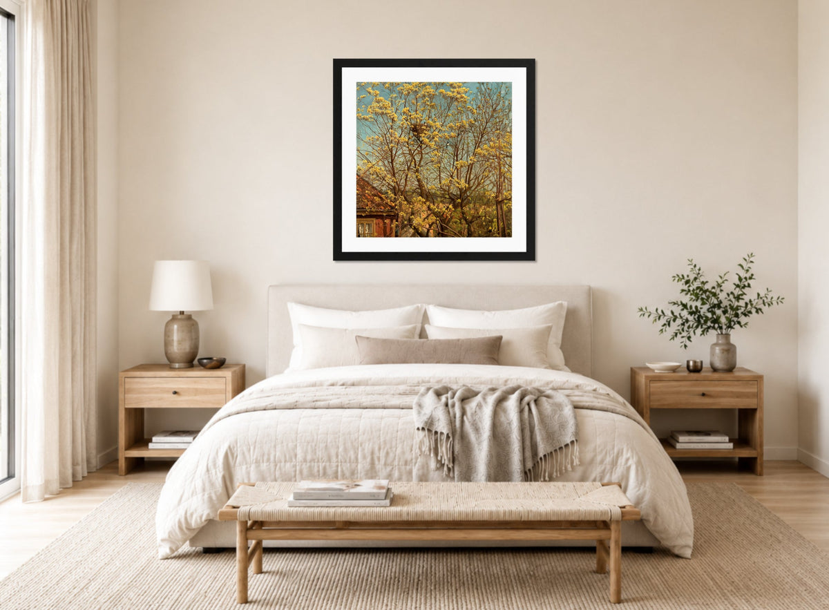 Amaldus Nielsen Print, Naboer displayed above a bed