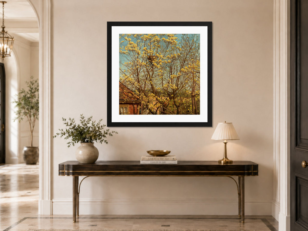 Amaldus Nielsen Print, Naboer displayed above a console table