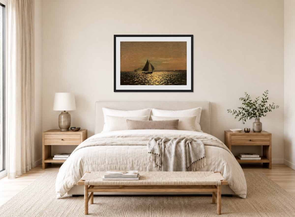 Amaldus Nielsen Print, Nattstemning, Hvaler (1925) displayed above a bed