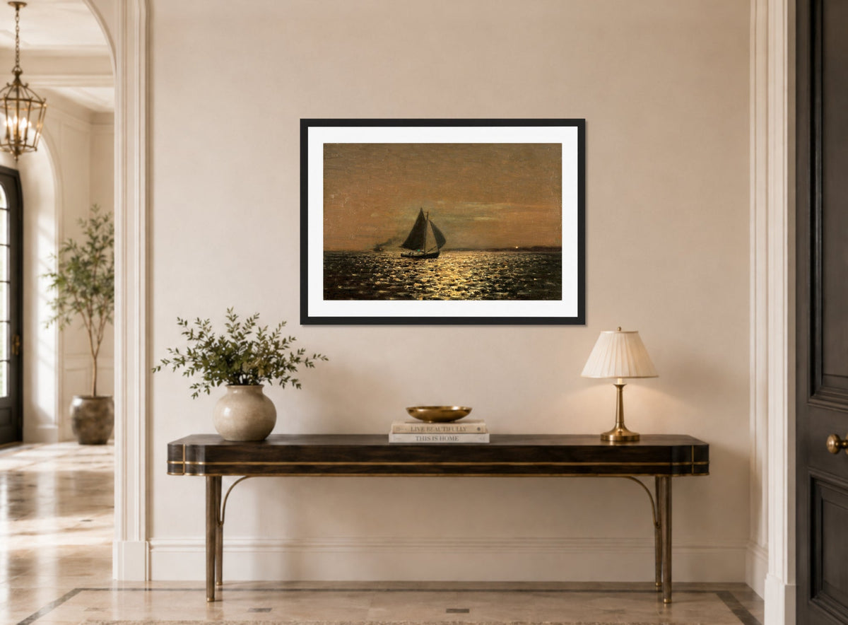 Amaldus Nielsen Print, Nattstemning, Hvaler (1925) displayed above a console table
