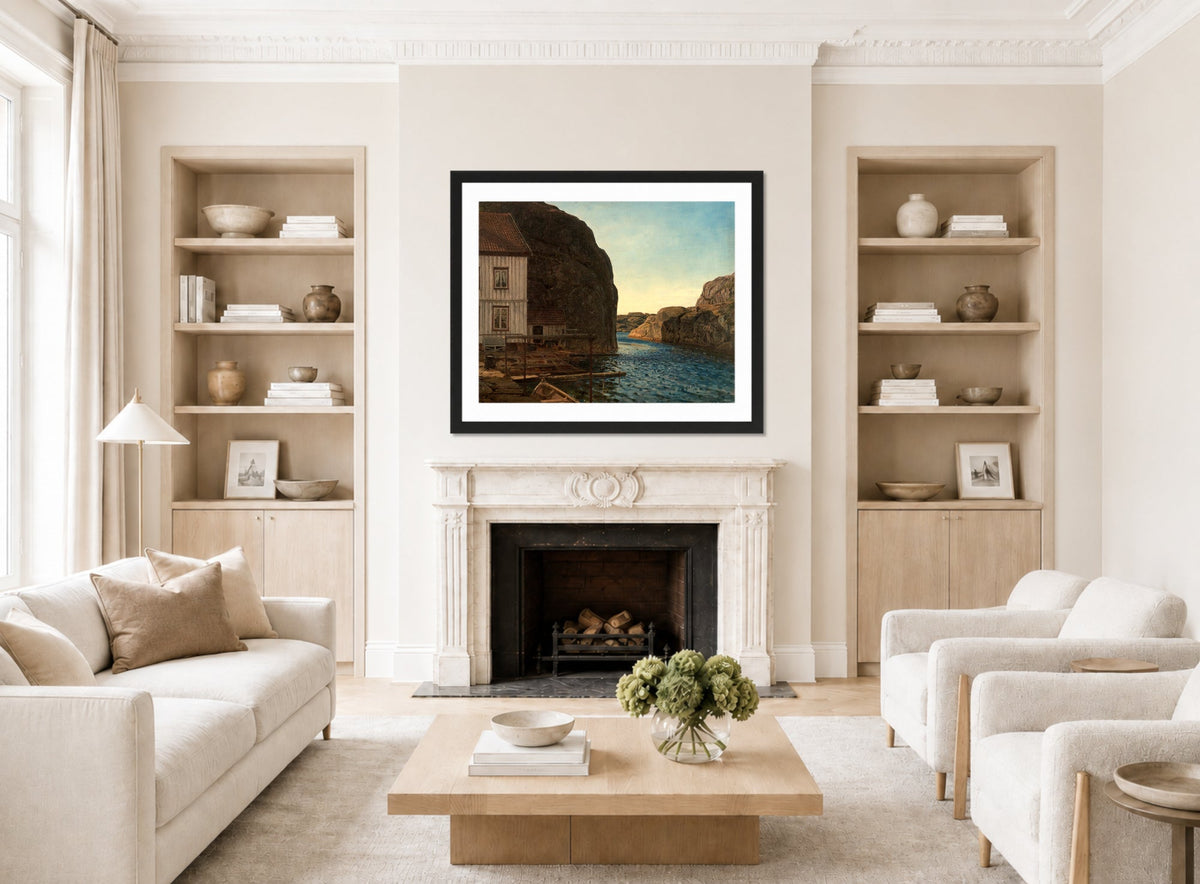 Amaldus Nielsen Print, Olafsundet, Ny-Hellesund (1911) displayed in a Scandinavian living room