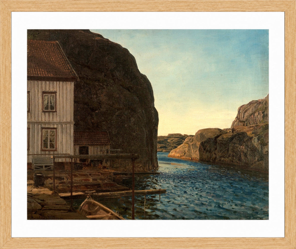 Amaldus Nielsen Print, Olafsundet, Ny-Hellesund (1911) in a light oak frame