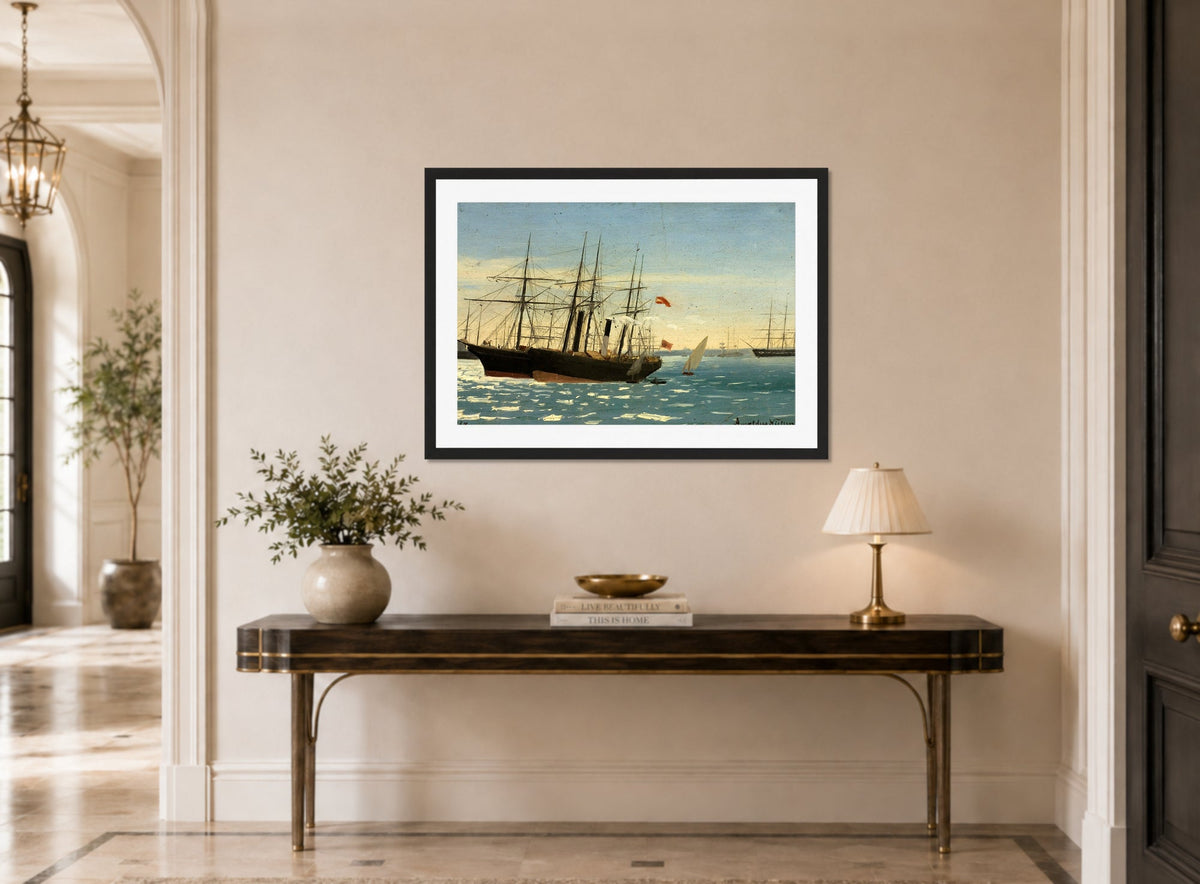 Amaldus Nielsen Print, På reden, Cadix (1860) displayed above a console table