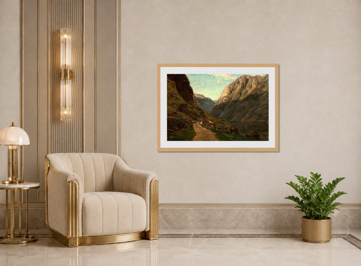 Amaldus Nielsen Print, Parti fra Gudvangen (1865) displayed in an Art Deco interior