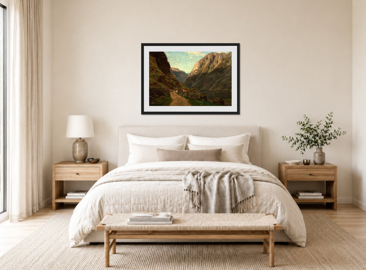 Amaldus Nielsen Print, Parti fra Gudvangen (1865) displayed above a bed