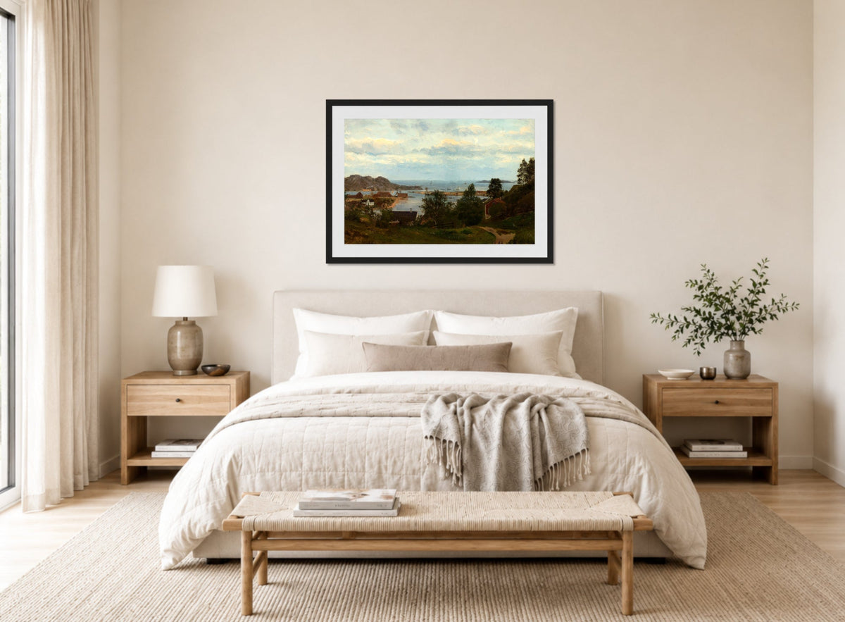 Amaldus Nielsen Print, Parti fra Mandal, Oxevolden (1862) displayed above a bed