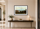 Amaldus Nielsen Print, Parti fra Mandal, Oxevolden (1862) displayed above a console table