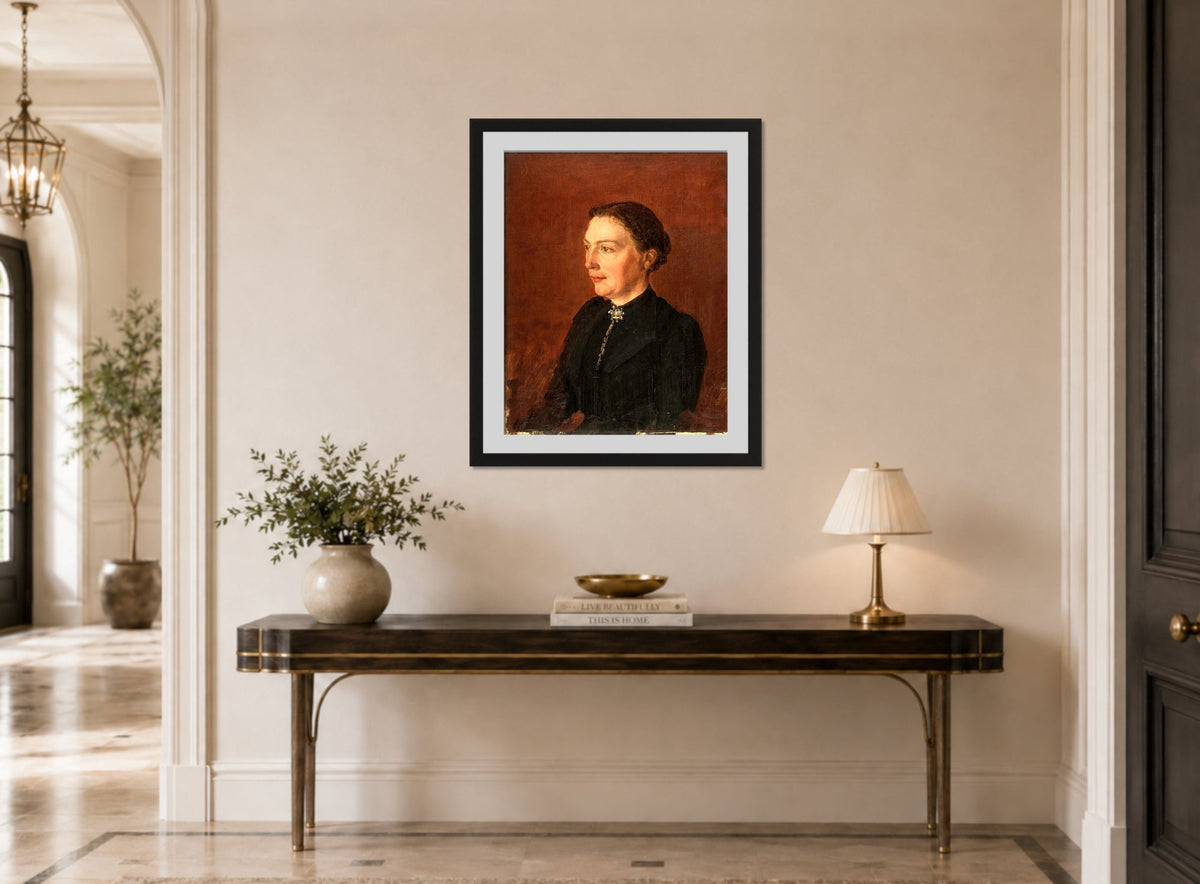 Amaldus Nielsen Print, Portrett (1890) displayed above a console table