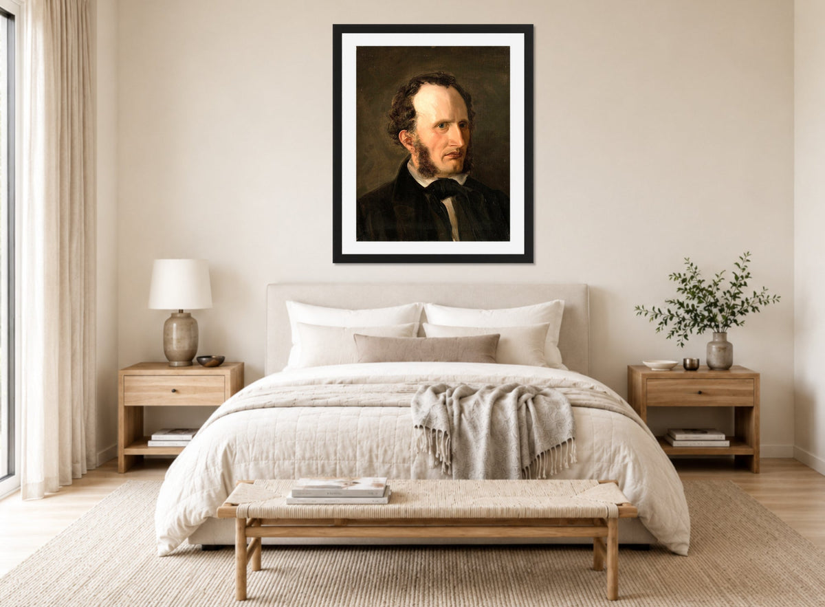 Amaldus Nielsen Print, Portrett av kunstnerens bror Harald (1859) displayed above a bed