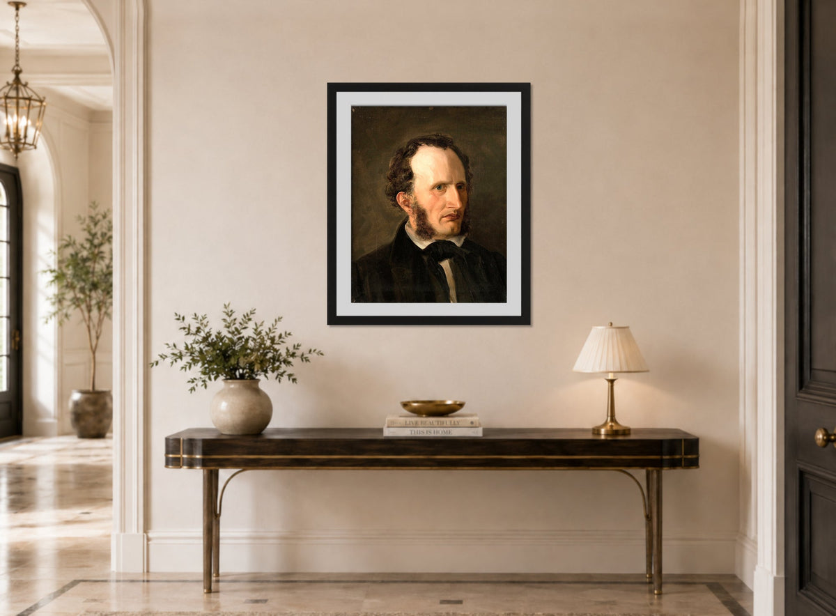 Amaldus Nielsen Print, Portrett av kunstnerens bror Harald (1859) displayed above a console table