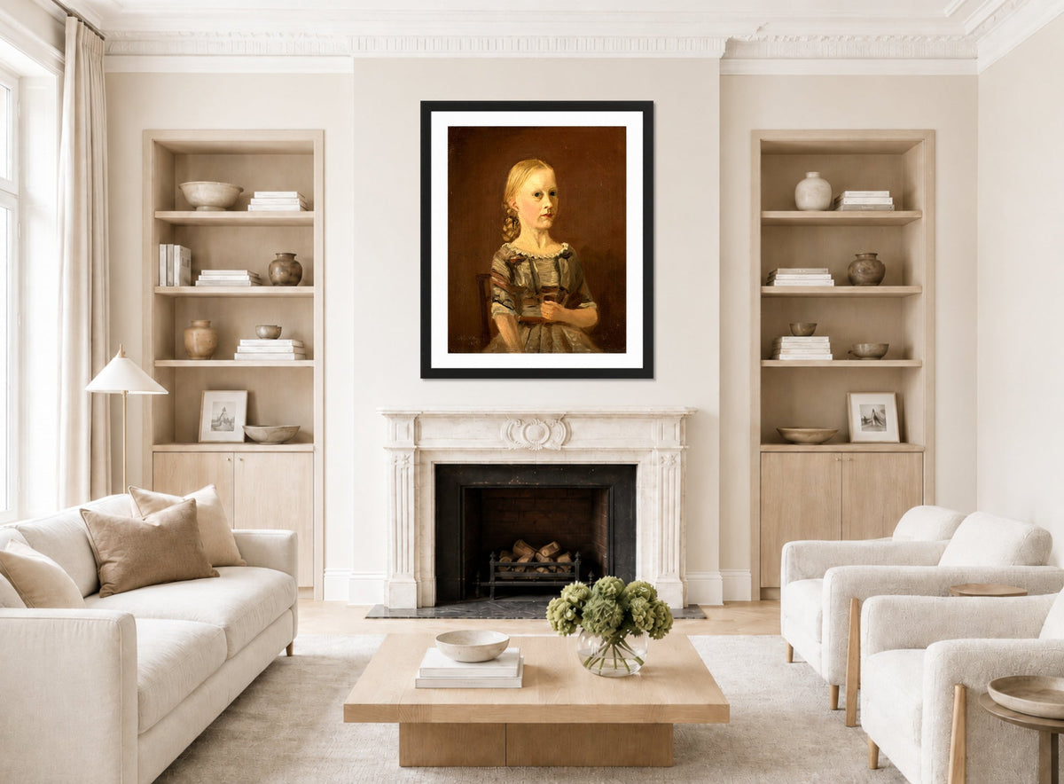 Amaldus Nielsen Print, Portrett av kunstnerens kusine fru Caterine Kamstrup (12 år) (1859) displayed in a Scandinavian living room