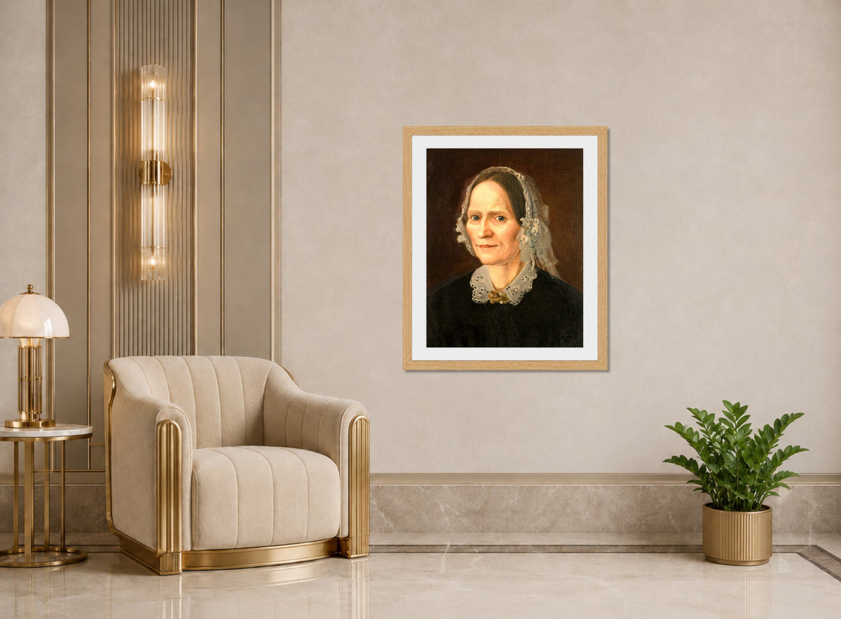 Amaldus Nielsen Print, Portrett av kunstnerens mor (1859) displayed in an Art Deco interior