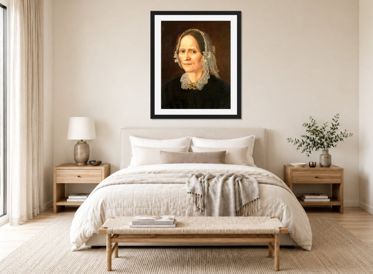 Amaldus Nielsen Print, Portrett av kunstnerens mor (1859) displayed above a bed