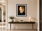 Amaldus Nielsen Print, Portrett av kunstnerens mor (1859) displayed above a console table