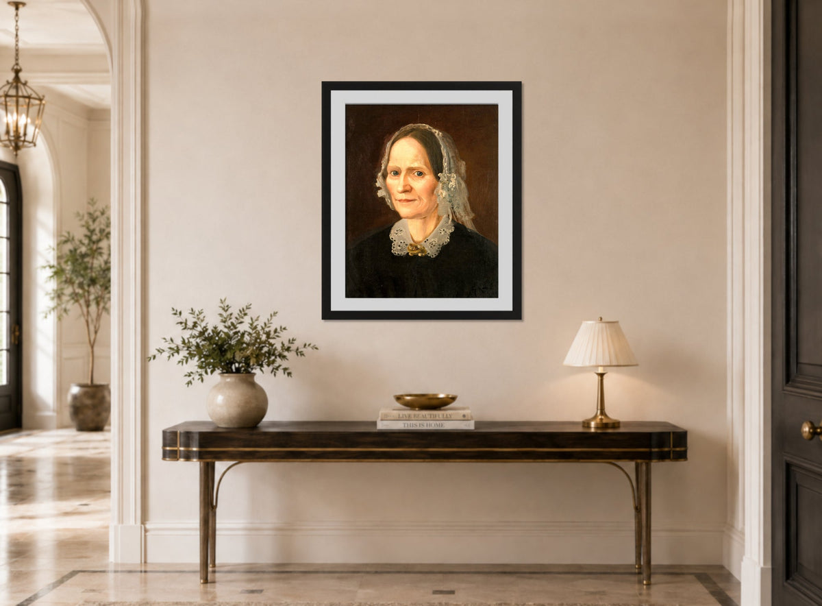Amaldus Nielsen Print, Portrett av kunstnerens mor (1859) displayed above a console table