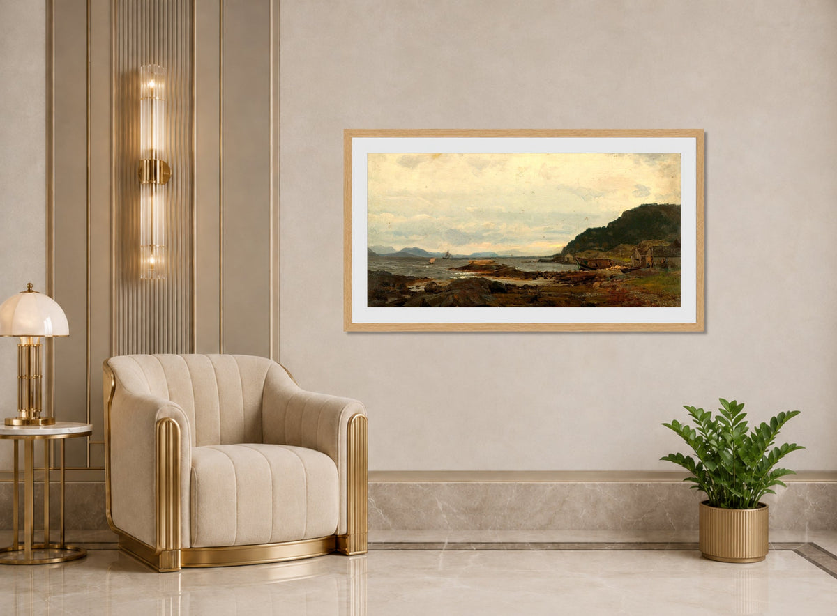 Amaldus Nielsen Print, Regnstemning, Bømmelen (1861) displayed in an Art Deco interior