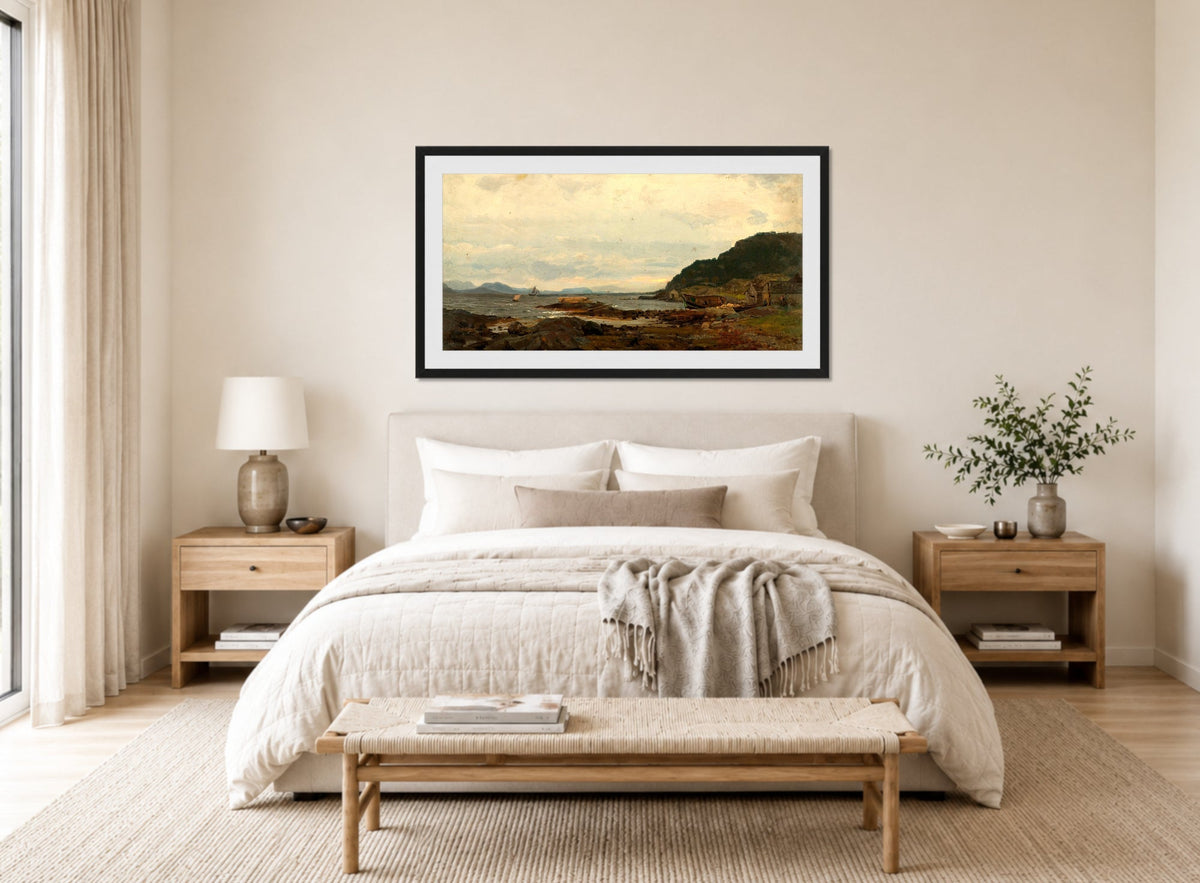 Amaldus Nielsen Print, Regnstemning, Bømmelen (1861) displayed above a bed